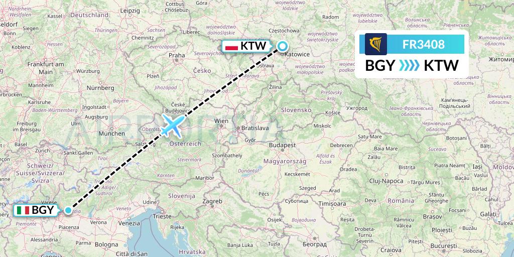 FR3408 Ryanair Flight Map: Milan to Katowice