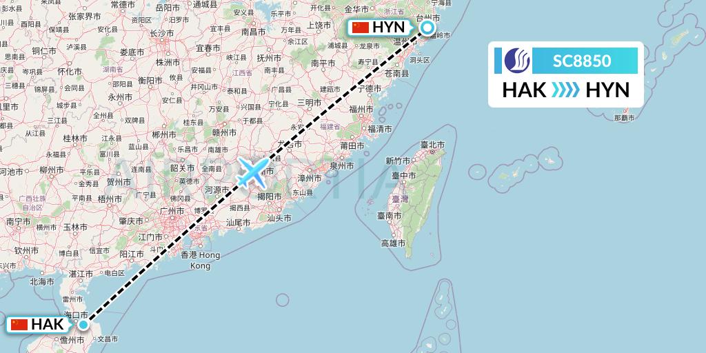 SC8850 Shandong Airlines Flight Map: Haikou to Huangyan