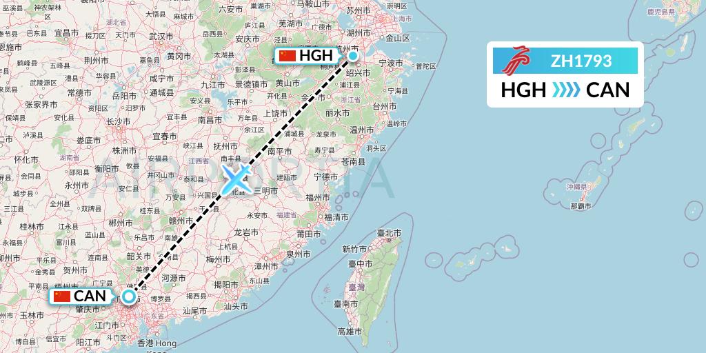 ZH1793 Shenzhen Airlines Flight Map: Hangzhou to Guangzhou