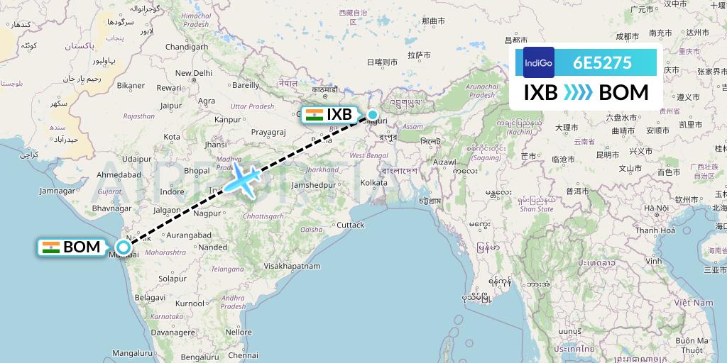 6E5275 IndiGo Airlines Flight Map: Siliguri to Mumbai