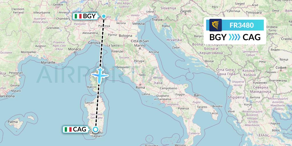 FR3480 Ryanair Flight Map: Milan to Cagliari