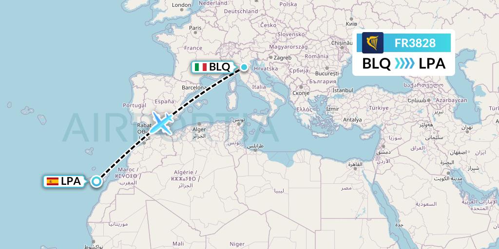FR3828 Ryanair Flight Map: Bologna to Las Palmas