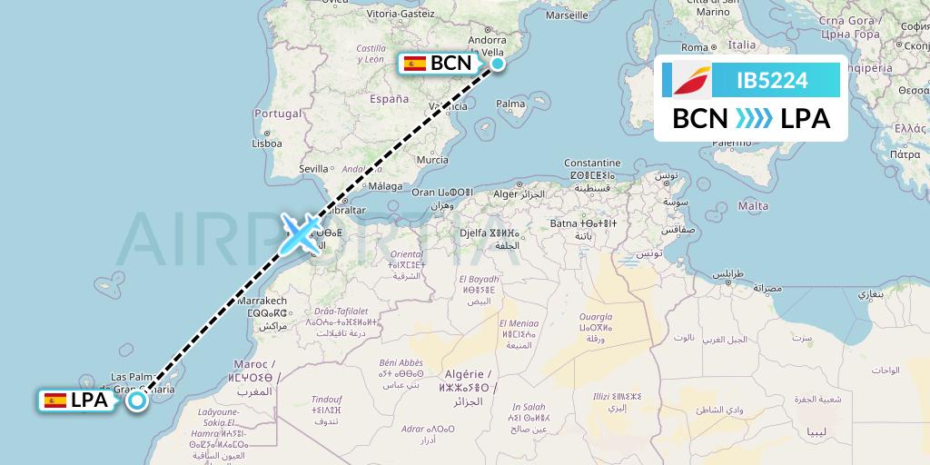 IB5224 Iberia Flight Map: Barcelona to Las Palmas
