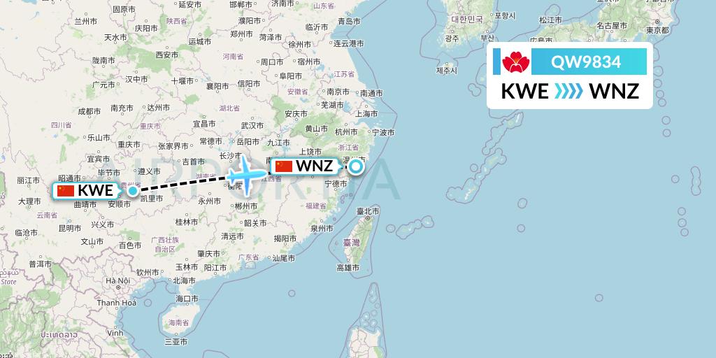 QW9834 Qingdao Airlines Flight Map: Guiyang to Wenzhou