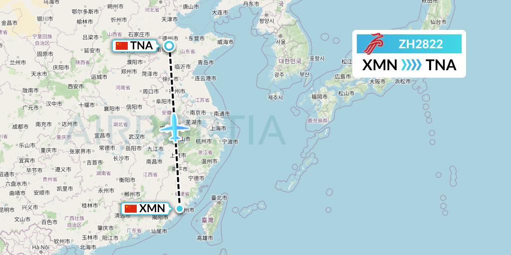 ZH2822 Shenzhen Airlines Flight Map: Xiamen to Jinan