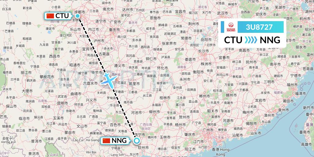 3U8727 Sichuan Airlines Flight Map: Chengdu to Nanning