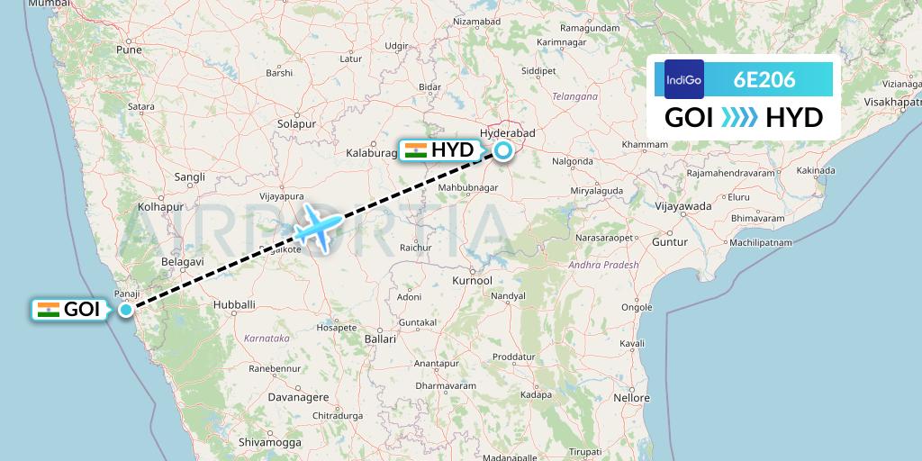 6E206 IndiGo Airlines Flight Map: Goa to Hyderabad