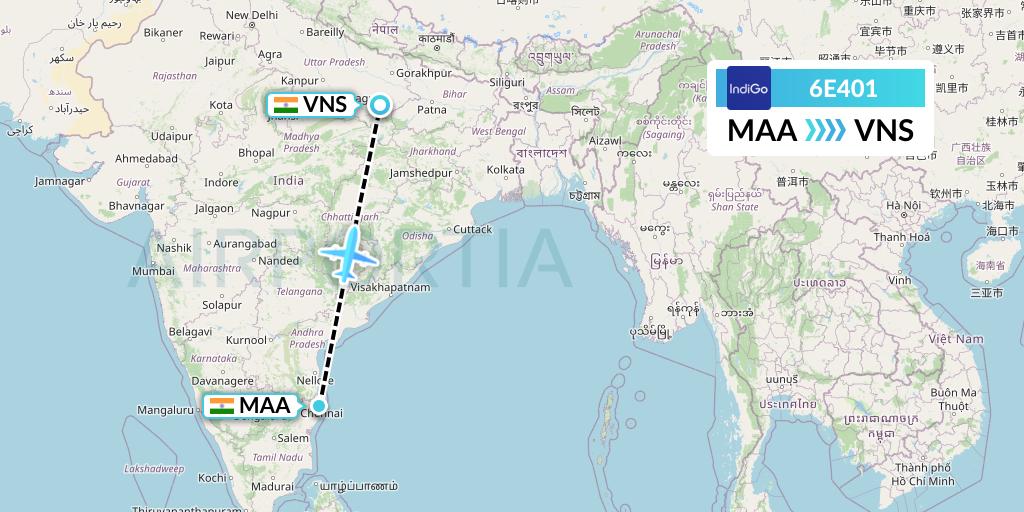 6E401 IndiGo Airlines Flight Map: Chennai to Varanasi