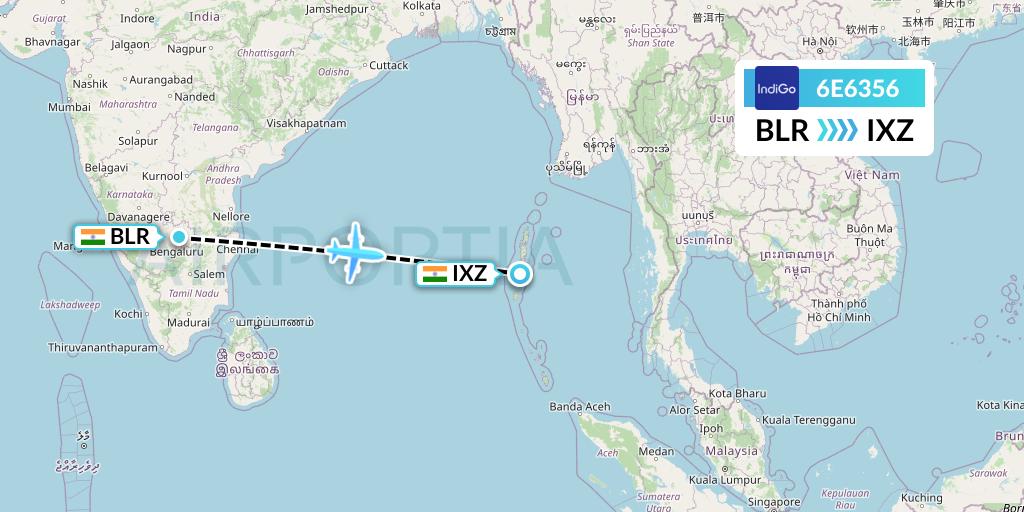6E6356 IndiGo Airlines Flight Map: Bangalore to Port Blair