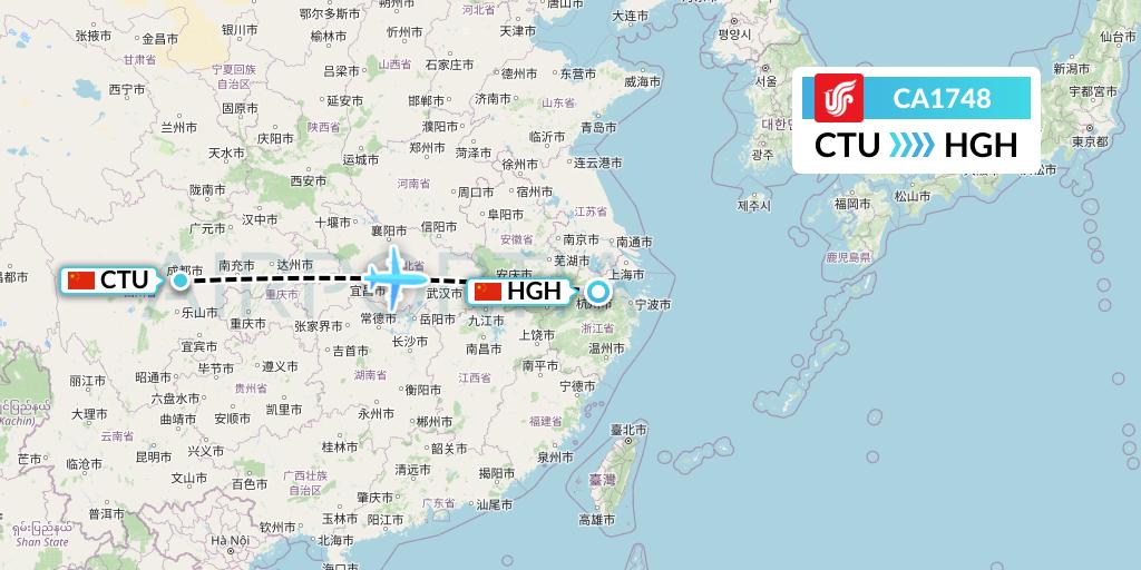 CA1748 Air China Flight Map: Chengdu to Hangzhou