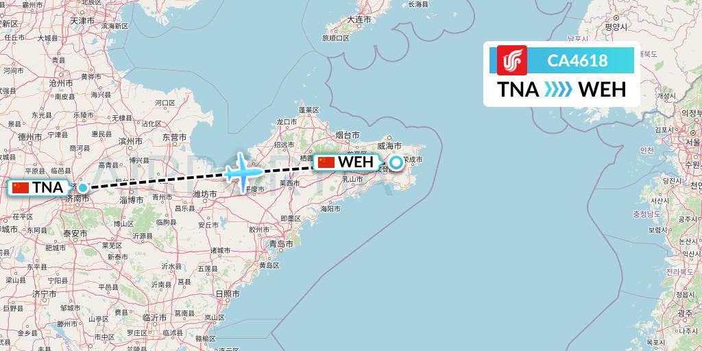 CA4618 Air China Flight Map: Jinan to Weihai