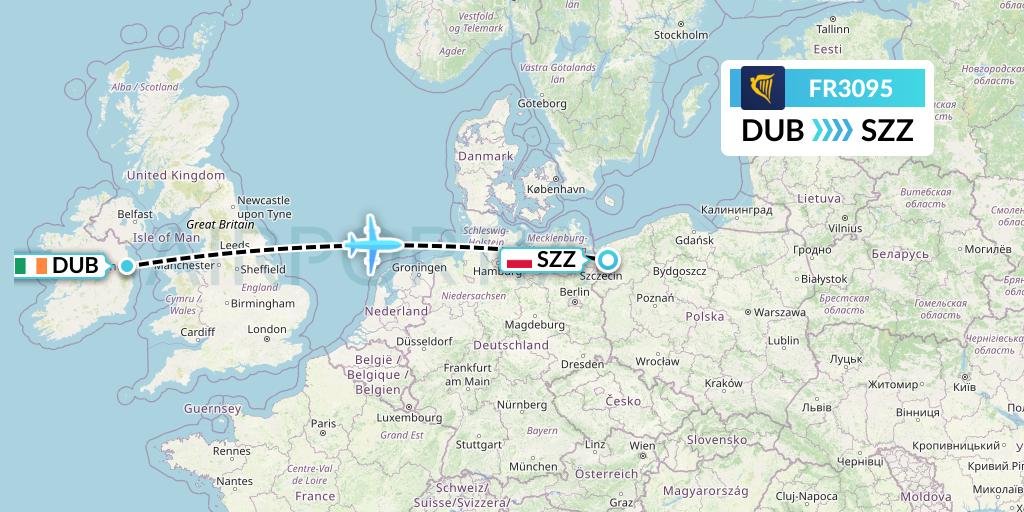 FR3095 Ryanair Flight Map: Dublin to Szczecin