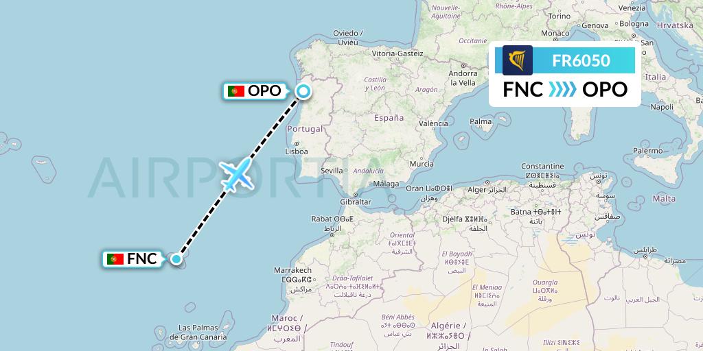 FR6050 Ryanair Flight Map: Funchal to Porto