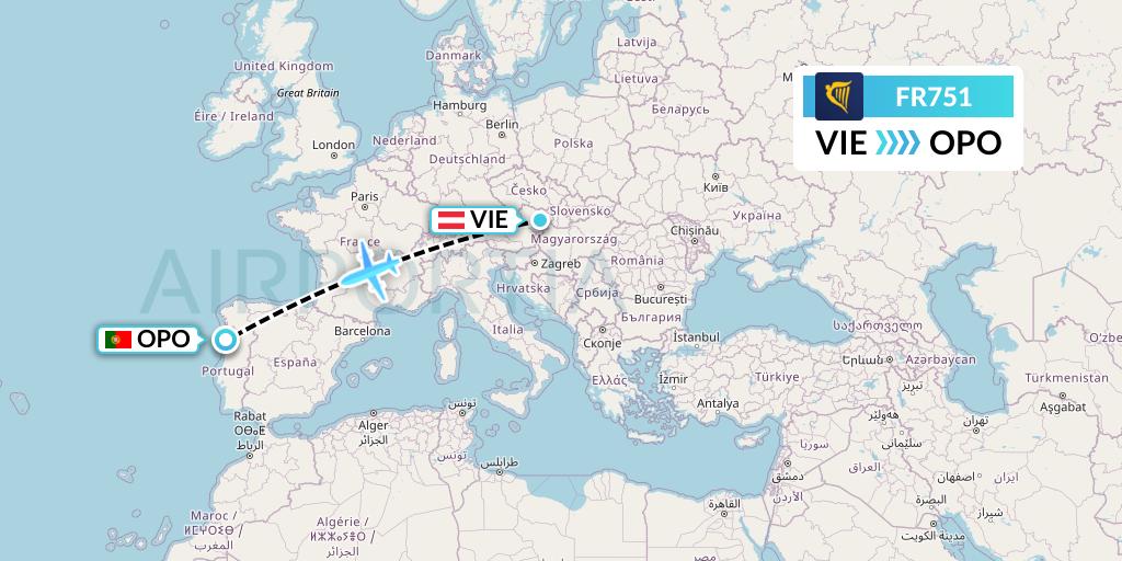 FR751 Ryanair Flight Map: Vienna to Porto