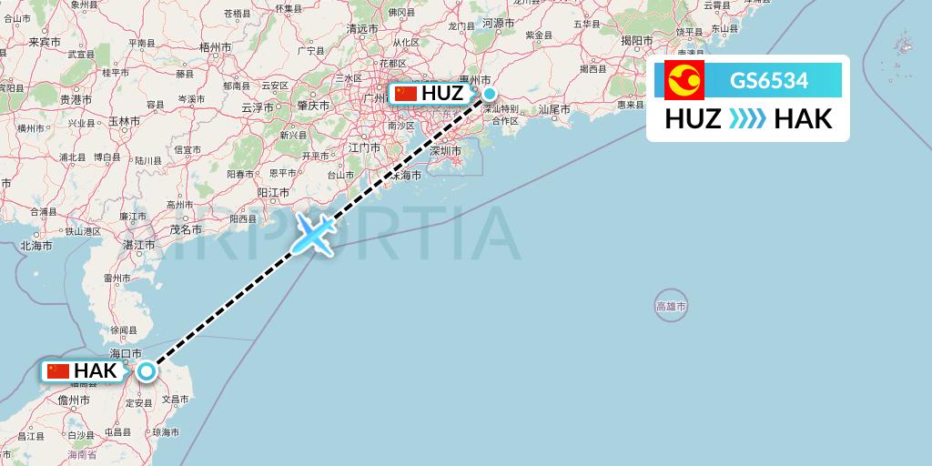 GS6534 Tianjin Airlines Flight Map: Huizhou to Haikou