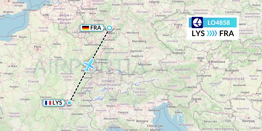LO4858 LOT Flight Map: Lyon to Frankfurt