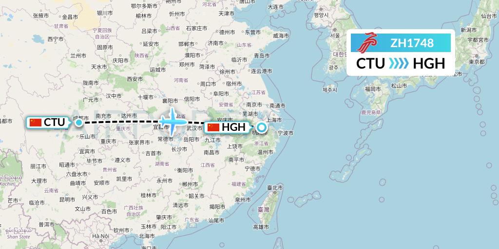 ZH1748 Shenzhen Airlines Flight Map: Chengdu to Hangzhou