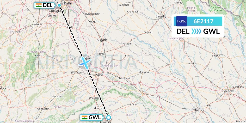 6E2117 IndiGo Airlines Flight Map: Delhi to Gwalior