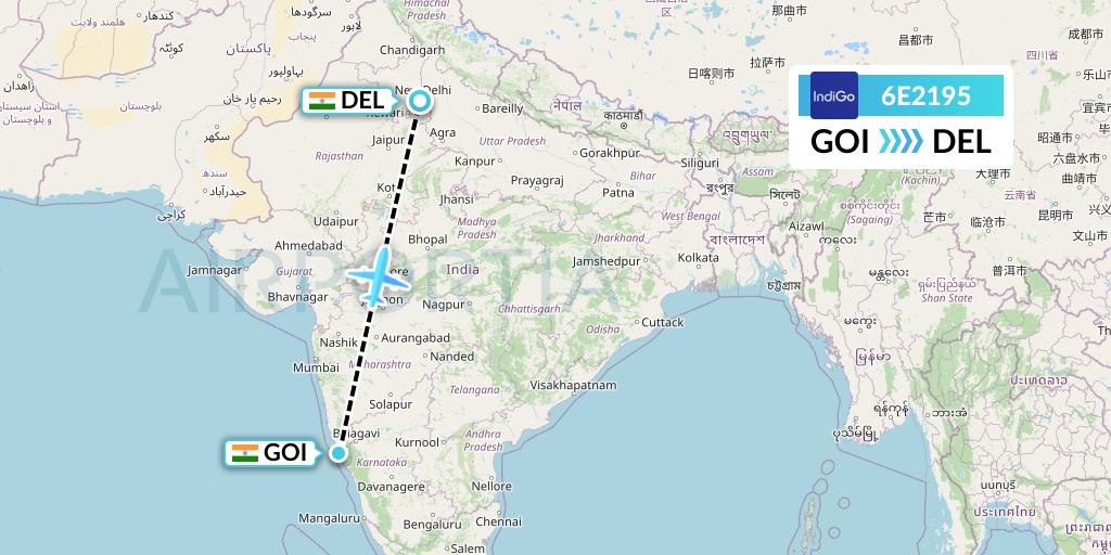 6E2195 IndiGo Airlines Flight Map: Goa to Delhi