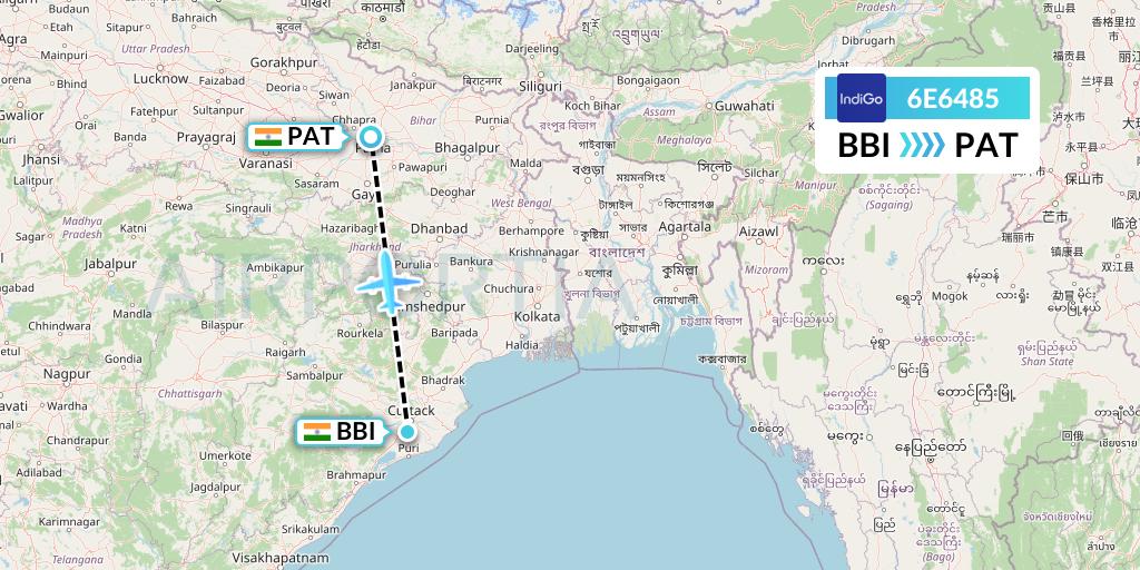 6E6485 IndiGo Airlines Flight Map: Bhubaneswar to Patna