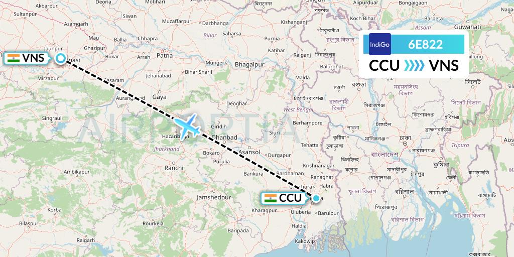 6E822 IndiGo Airlines Flight Map: Kolkata to Varanasi