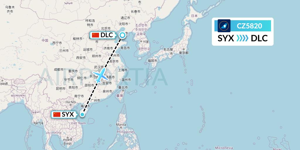 CZ5820 China Southern Airlines Flight Map: Sanya to Dalian