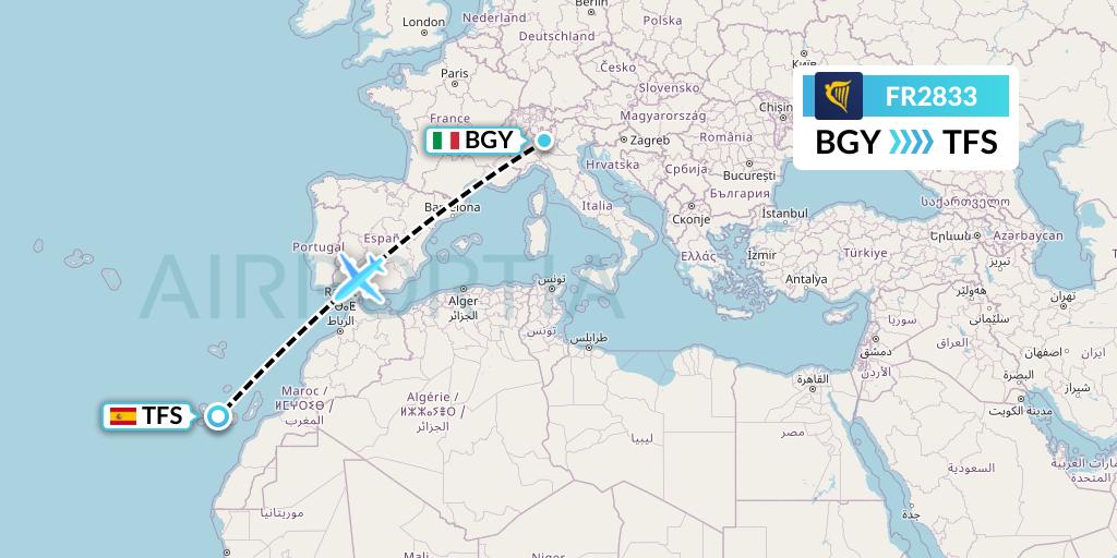 FR2833 Ryanair Flight Map: Milan to Tenerife