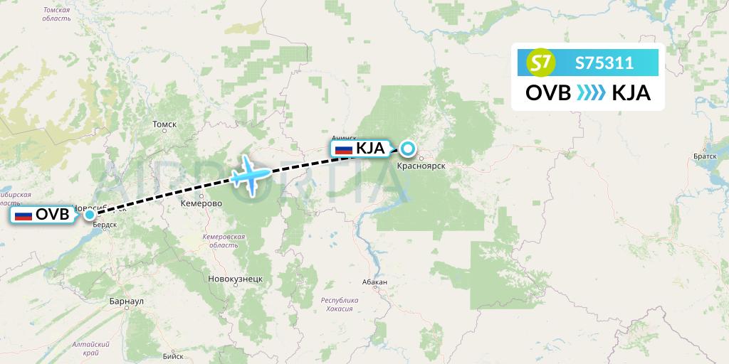 S75311 S7 Airlines Flight Map: Novosibirsk to Krasnoyarsk