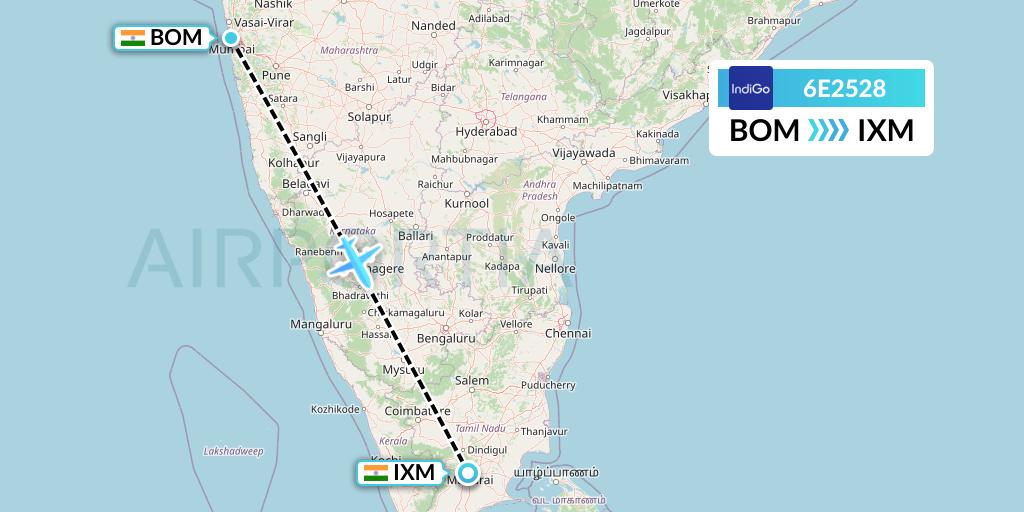 6E2528 IndiGo Airlines Flight Map: Mumbai to Madurai