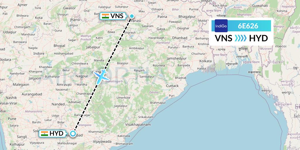 6E626 IndiGo Airlines Flight Map: Varanasi to Hyderabad