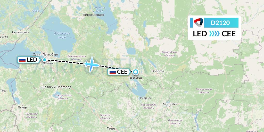 D2120 Severstal Aircompany Flight Map: St. Petersburg to Cherepovets