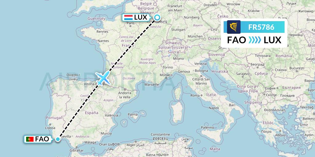 FR5786 Ryanair Flight Map: Faro to Luxembourg