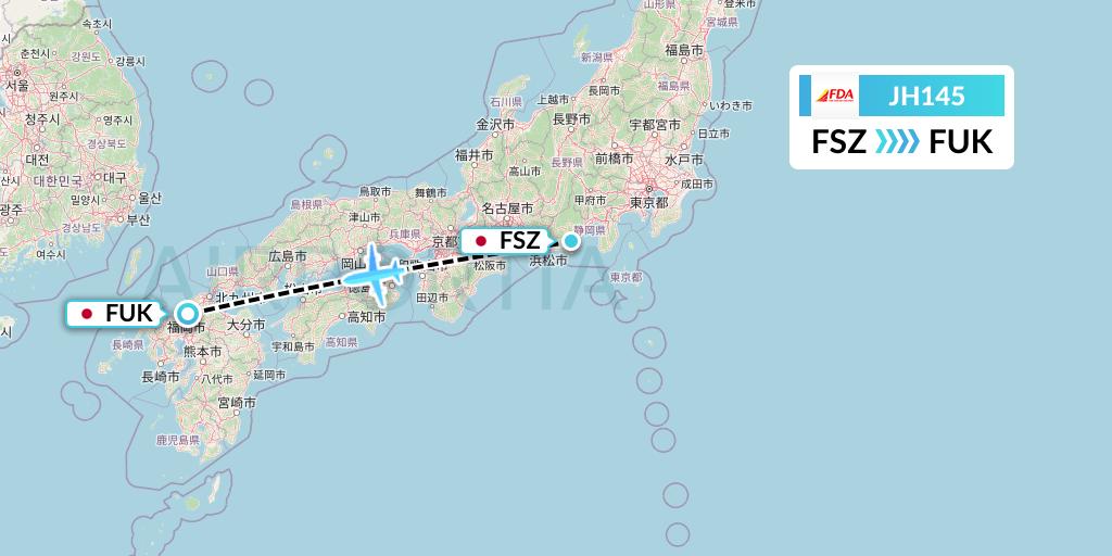 JH145 Fuji Dream Airlines Flight Map: Shizuoka to Fukuoka