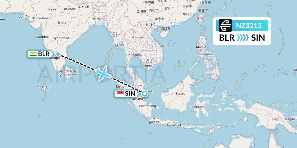 NZ3213 Air New Zealand Flight Map: Bangalore to Singapore