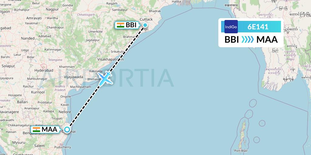 6E141 IndiGo Airlines Flight Map: Bhubaneswar to Chennai