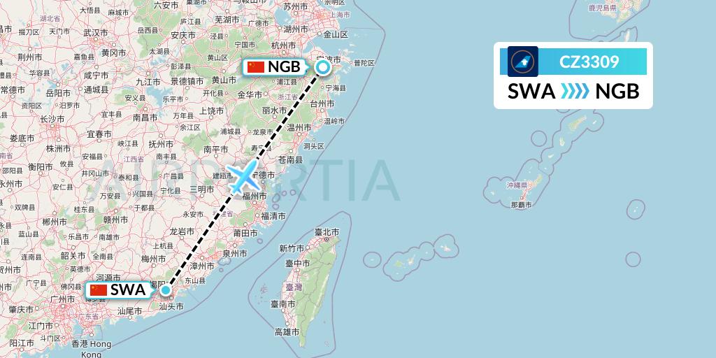 CZ3309 China Southern Airlines Flight Map: Jieyang to Ningbo