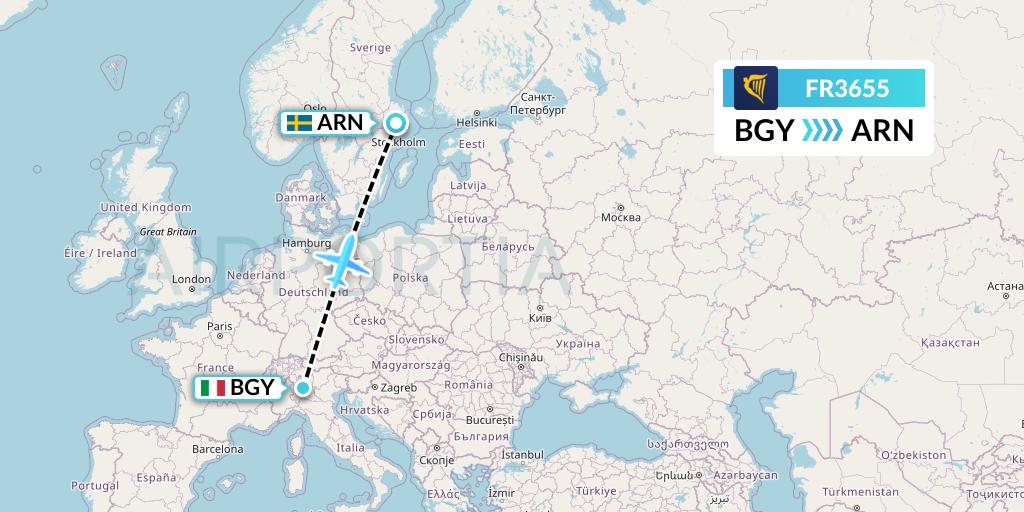 FR3655 Ryanair Flight Map: Milan to Stockholm