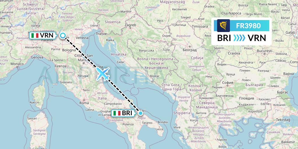 FR3980 Ryanair Flight Map: Bari to Verona