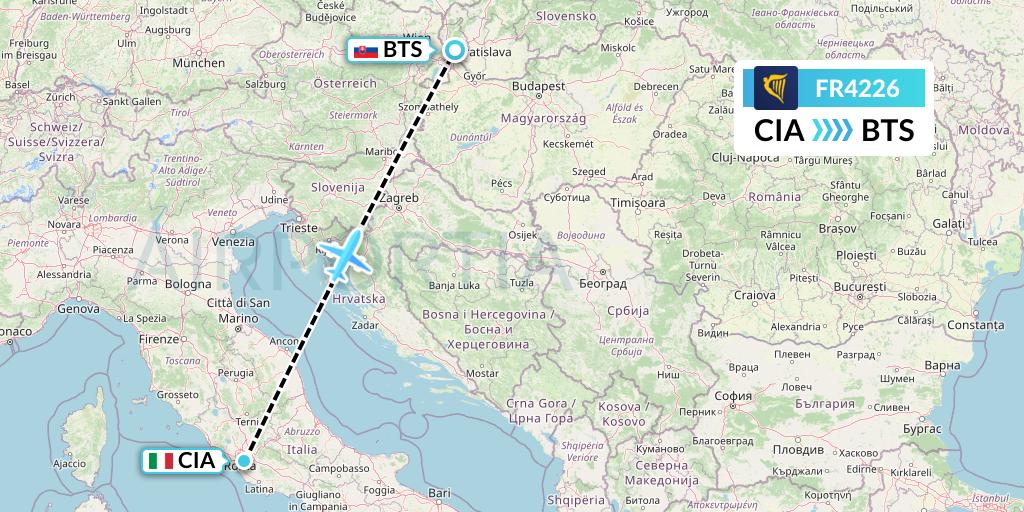 FR4226 Ryanair Flight Map: Rome to Bratislava