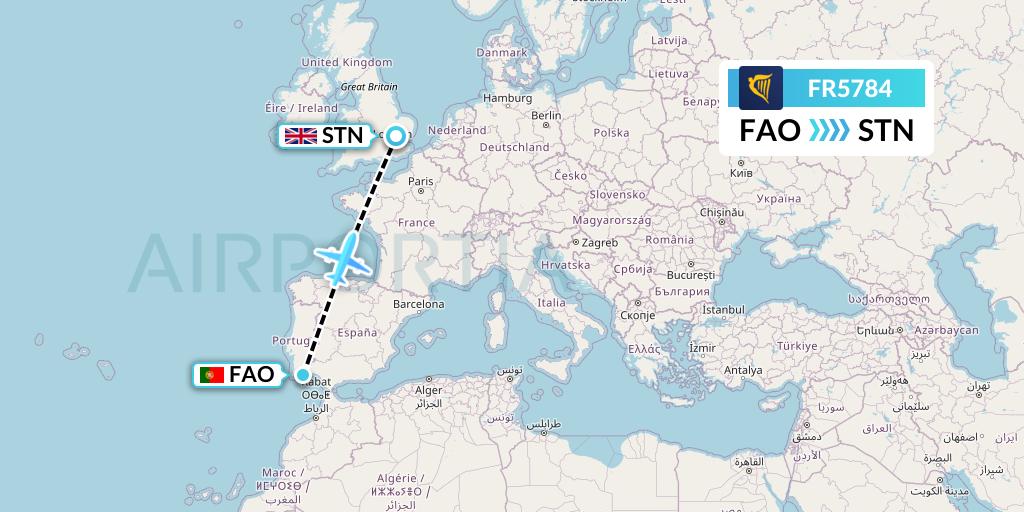 FR5784 Ryanair Flight Map: Faro to London