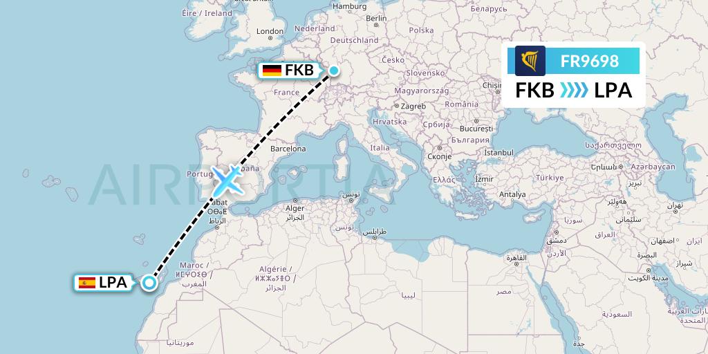 FR9698 Ryanair Flight Map: Karlsruhe/Baden-Baden to Las Palmas