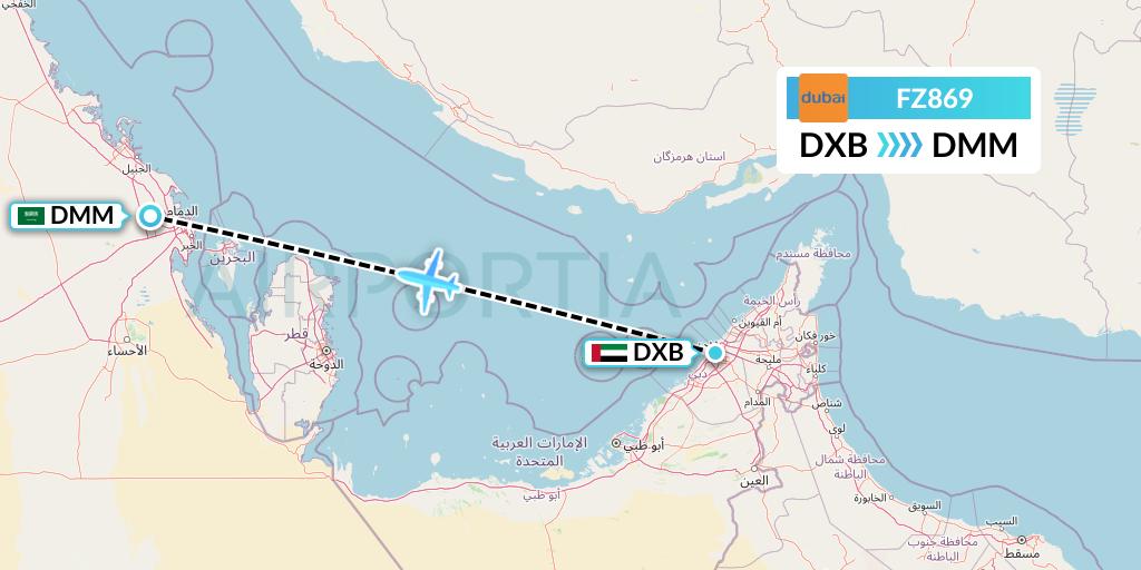 FZ869 FlyDubai Flight Map: Dubai to Dammam