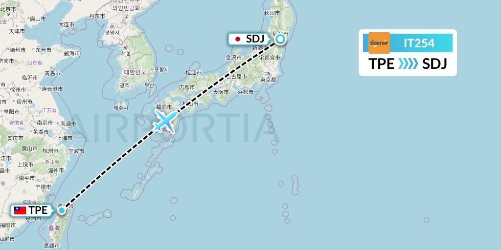 IT254 Tigerair Taiwan Flight Map: Taipei to Sendai