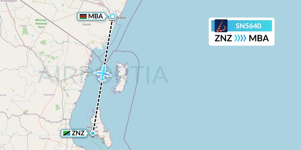 SN5640 Brussels Airlines Flight Map: Zanzibar to Mombasa