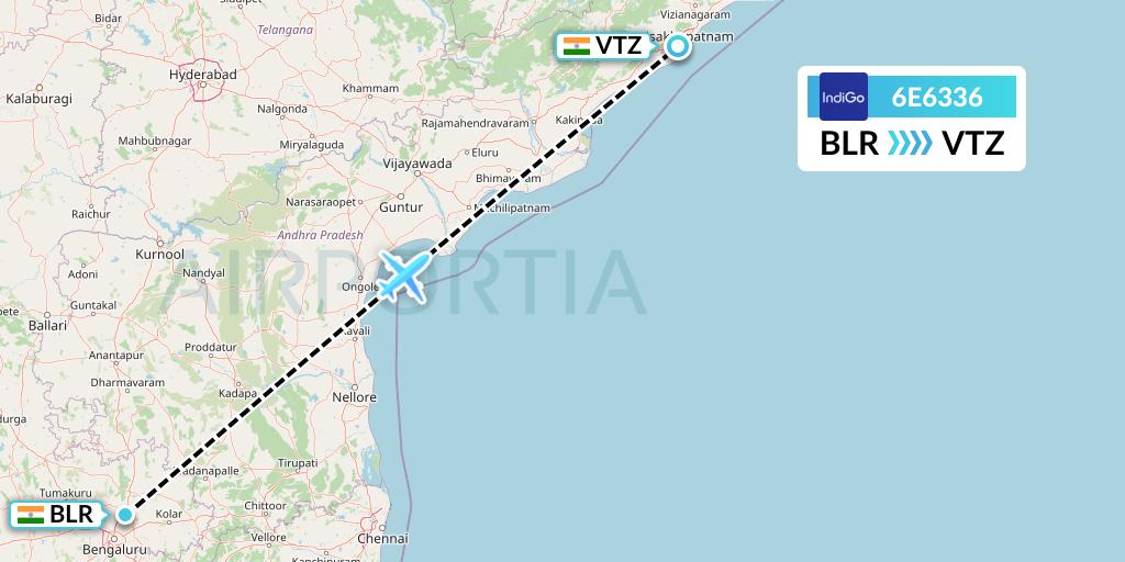 6E6336 IndiGo Airlines Flight Map: Bangalore to Visakhapatnam