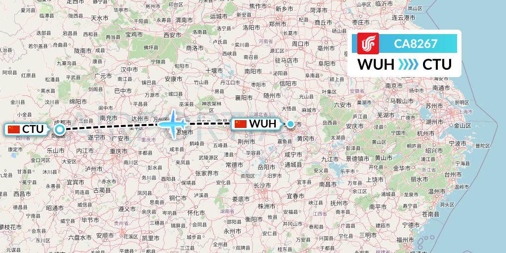 CA8267 Air China Flight Map: Wuhan to Chengdu