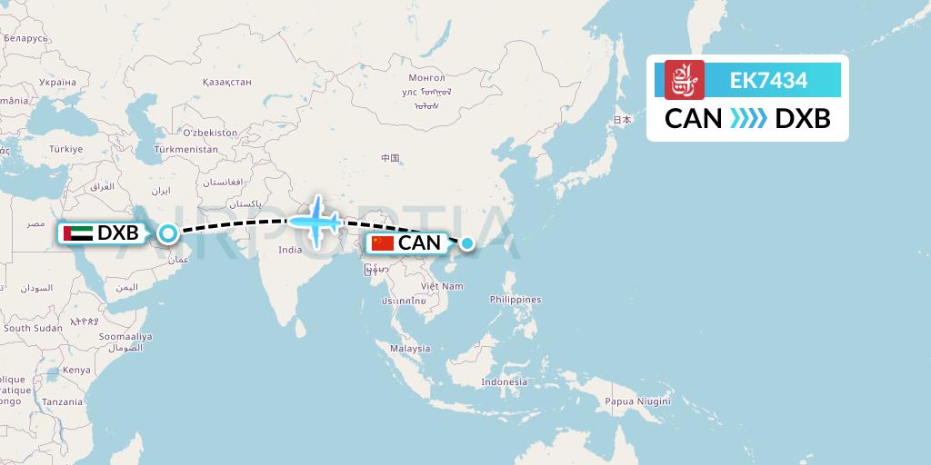 EK7434 Emirates Flight Map: Guangzhou to Dubai