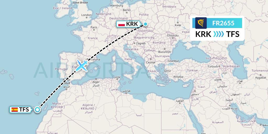FR2655 Ryanair Flight Map: Krakow to Tenerife