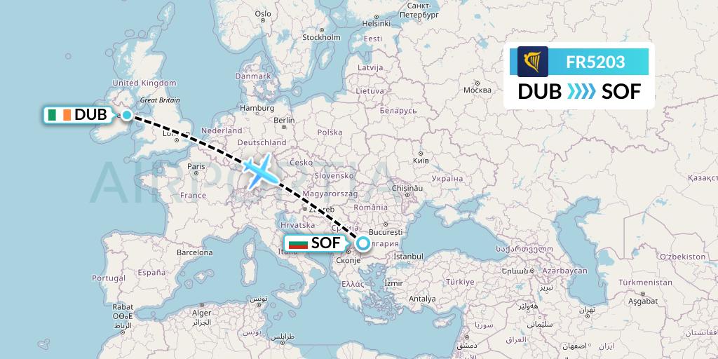 FR5203 Ryanair Flight Map: Dublin to Sofia