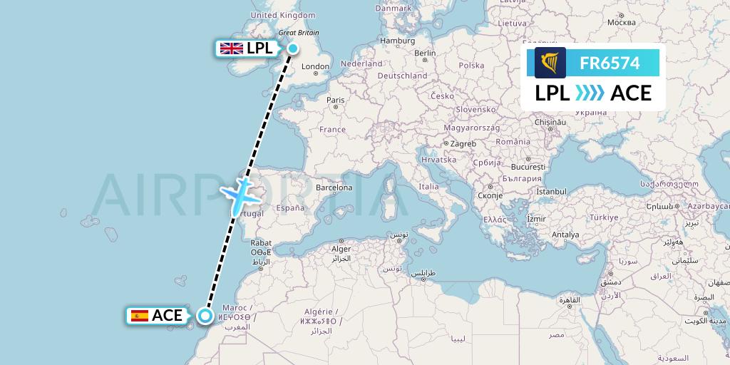 FR6574 Ryanair Flight Map: Liverpool to Lanzarote
